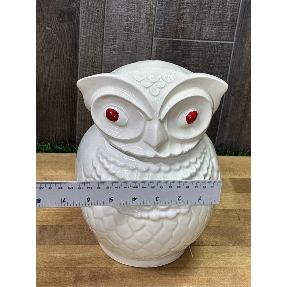 Vintage 1940s American Bisque Owl Cookie Jar Ivory Red Eyes Mid Century